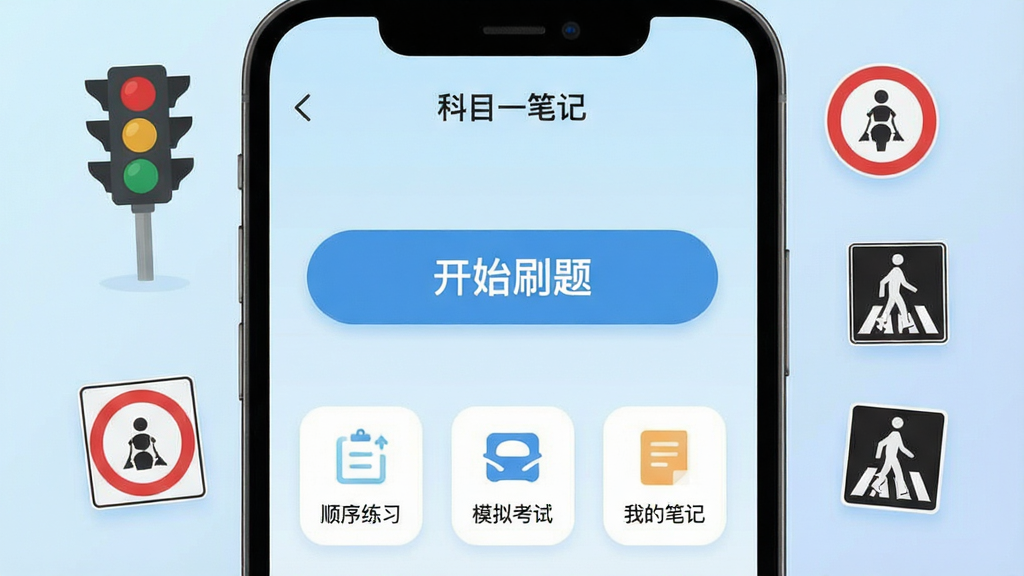 手机屏幕显示“科目一笔记”APP主界面,界面中央是醒目的“开始刷题”按钮,下方有“顺序练习”、“模拟考试”、“我的笔记”三个功能入口图标,背景是柔和的浅蓝色渐变,周围有悬浮的交通标志图标(如红绿灯、限速牌、人行横道),画面风格现代简洁,扁平化设计,画质清晰,无多余元素