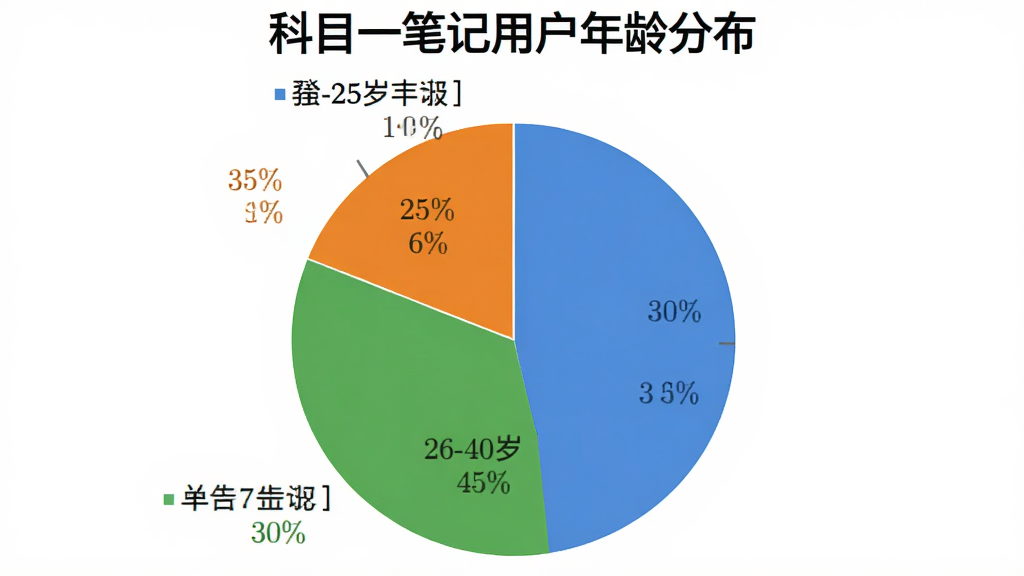 一个饼状图,标题是“科目一笔记用户年龄分布”,图表显示18-25岁占比30%,26-40岁占比45%,41-60岁占比25%,饼图颜色分别为蓝色、绿色、橙色,背景白色,图表简洁明了,数据标签清晰,画质干净,无多余元素