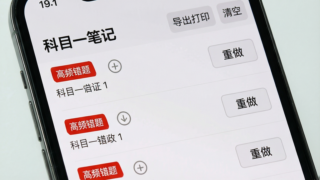 手机屏幕上显示“科目一笔记”的错题本界面,列表里用红色标签标注了“高频错题”,每道错题旁边有“重做”按钮,屏幕顶部有“导出打印”和“清空”选项,界面背景是浅灰色,文字清晰,布局工整,画质干净,无多余元素