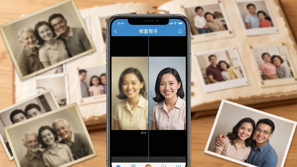 一张展示相册照片修复帮手软件核心功能的宣传图,画面中央是一部智能手机,手机屏幕上显示着相册照片修复帮手的应用界面,界面中有前后对比的修复效果图,左边是模糊泛黄的老照片,右边是修复后清晰彩色的照片,手机周围散落着几张老照片和修复后的照片,背景是温馨的家庭相册场景,整体风格明亮温暖,细节清晰,画质干净,无多余元素