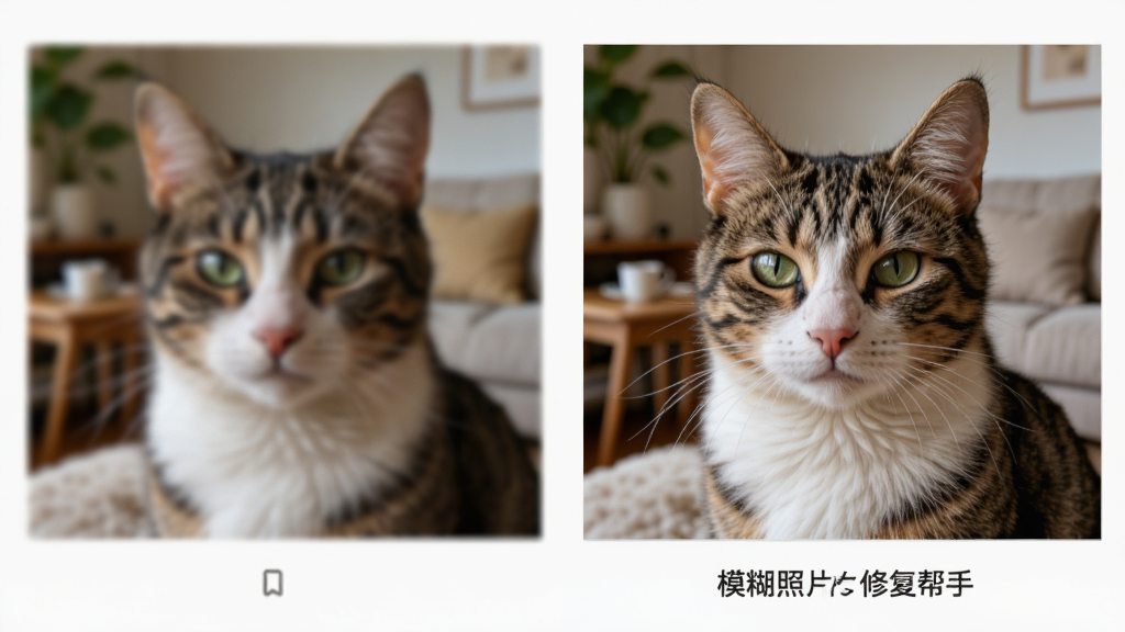 相册照片修复帮手的模糊照片清晰化功能展示图,画面中有一只模糊的猫咪照片,旁边是经过相册照片修复帮手处理后的清晰猫咪照片,猫咪毛发纹理清晰可见,背景是温馨的家居环境,风格自然真实,细节清晰,画质干净,无多余元素