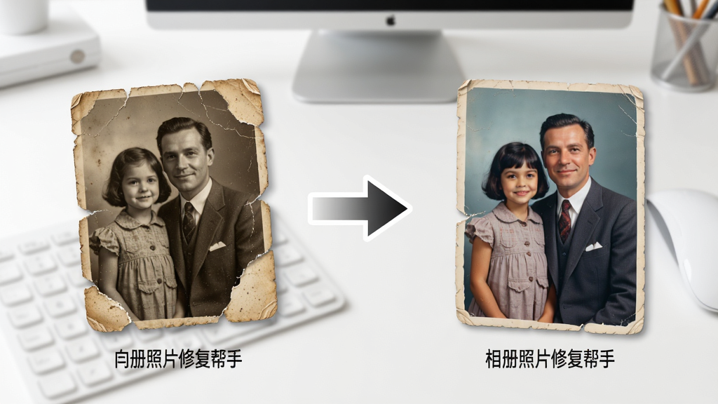 相册照片修复帮手的老照片智能修复功能展示图,画面左侧是一张破损泛黄的老照片,右侧是经过相册照片修复帮手处理后的清晰彩色照片,中间用箭头连接,背景是简洁的白色工作台,风格干净专业,细节清晰,画质干净,无多余元素