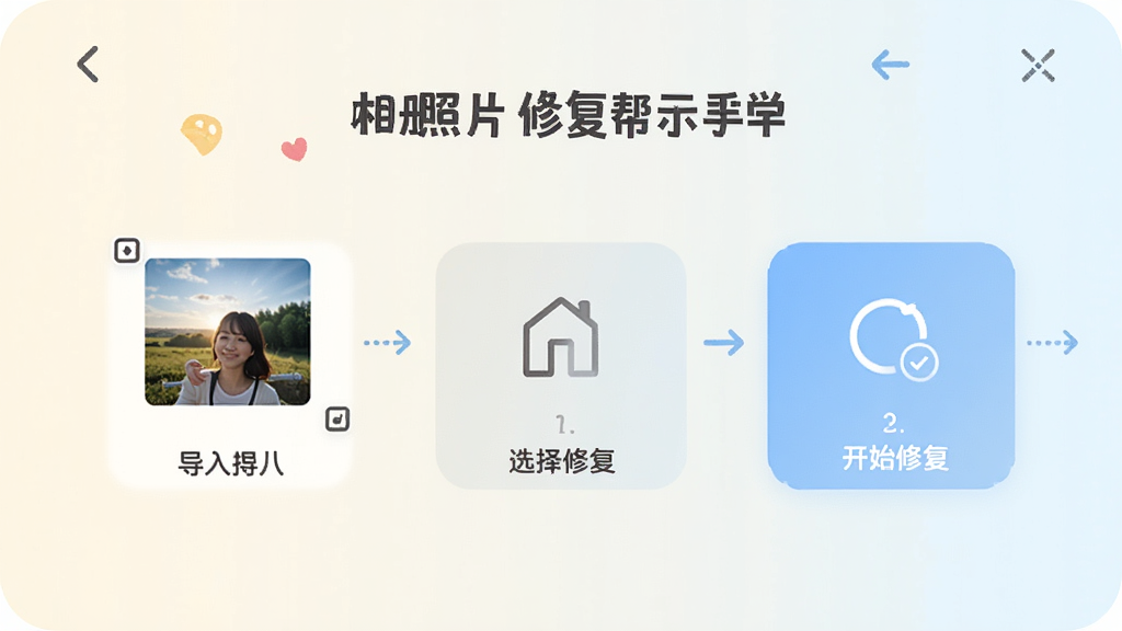 相册照片修复帮手的新手操作界面示意图,手机屏幕上显示着导入照片、选择功能、开始修复三个步骤的引导提示,界面简洁明了,背景是柔和的浅色,风格清新友好,细节清晰,画质干净,无多余元素