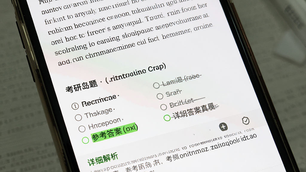 考研岛刷题界面特写,主体是手机屏幕中显示一道英语阅读理解真题,屏幕上半部分是文章段落,下半部分是题目和四个选项,选项下方有参考答案和详细解析文字,布局上下分明,排版留白舒适,风格简约学习风,细节上正确答案有绿色高亮标记,错误选项有灰色删除线,画质干净无多余元素。