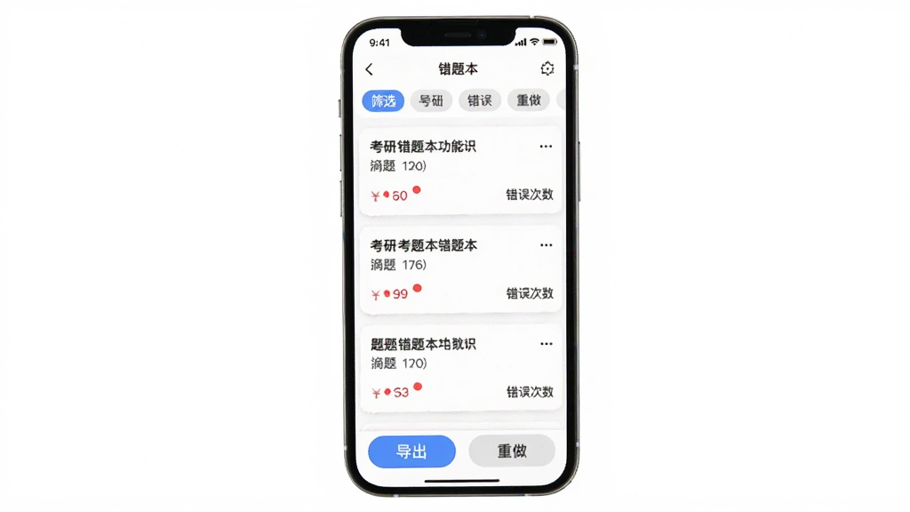 考研岛错题本功能展示,主体是手机屏幕显示错题列表页面,布局顶部是筛选标签栏,中间是错题卡片列表,每个卡片显示题目摘要和错误次数,底部是导出和重做按钮,排版整齐,风格清爽,细节上错误次数用红色小圆点标注,背景纯白,画质干净无多余元素。