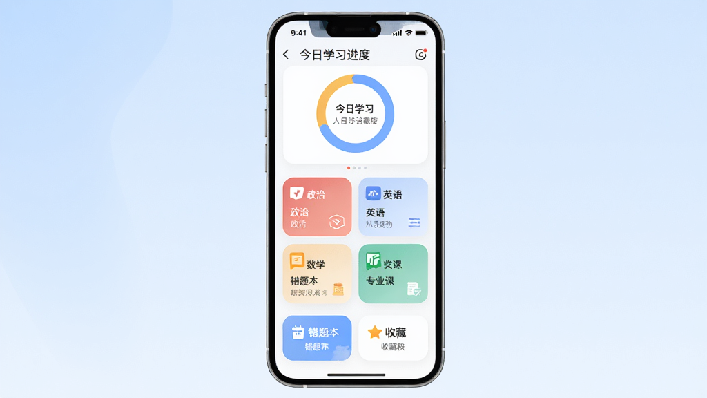 考研岛App主界面全貌展示,主体是一个手机屏幕,屏幕中显示考研岛应用首页,布局上方是今日学习进度环形图,中间是政治、英语、数学、专业课四大科目卡片入口,下方是错题本和收藏夹快捷按钮,排版清晰整齐,风格简约清新,细节上按钮有圆角设计,背景为淡蓝色渐变,画质干净无多余元素,无文字乱码。