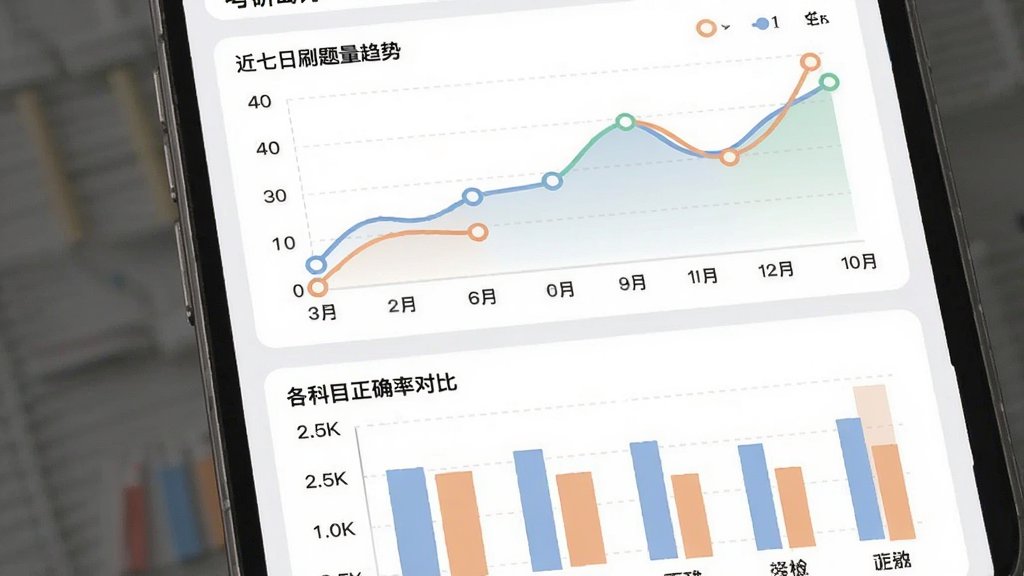 考研岛学习数据统计页面,主体是手机屏幕展示数据看板,布局上半部分是折线图显示近七日刷题量趋势,下半部分是柱状图显示各科目正确率对比,图表颜色柔和,排版错落有致,风格现代扁平,细节上坐标轴标签清晰,数据点有圆点标记,画质干净无多余元素。