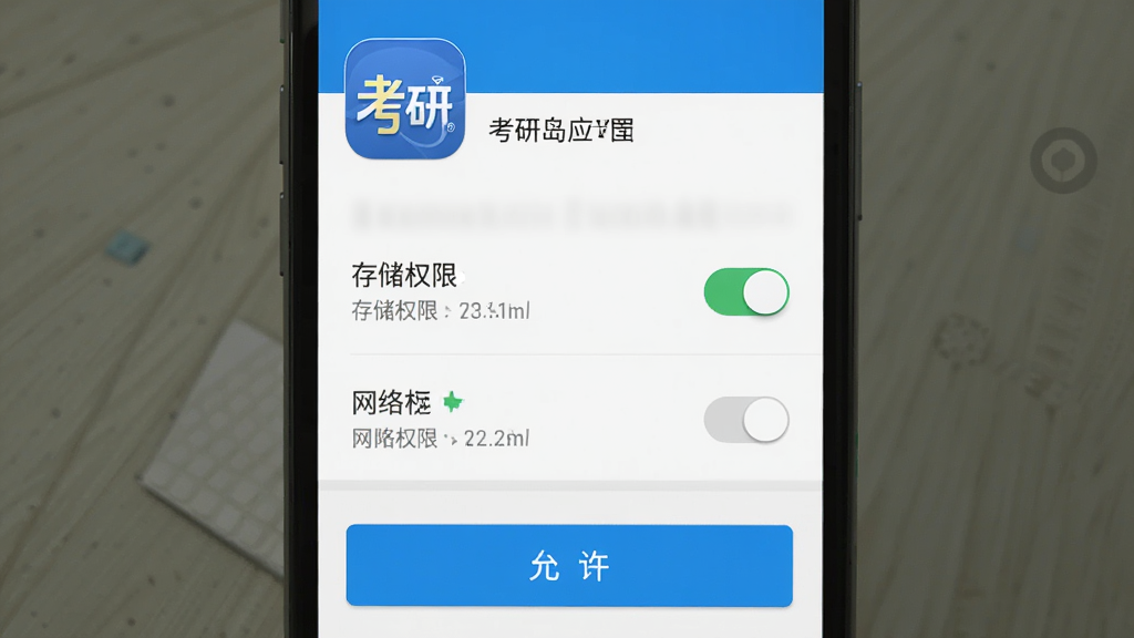 考研岛安装权限设置示意图,主体是手机屏幕显示安卓应用权限管理页面,布局上方是考研岛应用图标和名称,中间是存储权限和网络权限开关列表,下方是允许按钮,排版清晰,风格系统原生,细节上存储权限开关为绿色开启状态,画质干净无多余元素。