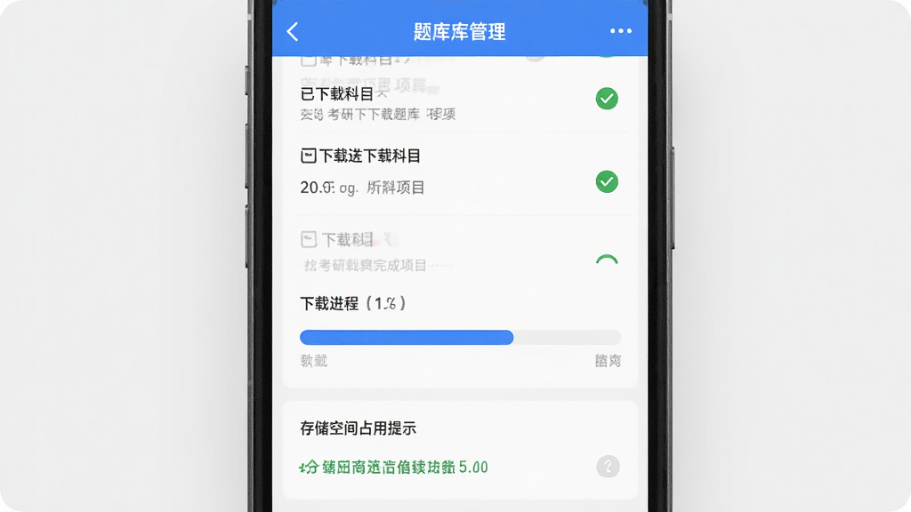 考研岛离线下载功能界面,主体是手机屏幕显示题库下载管理页面,布局上方是已下载科目列表,中间是下载进度条,下方是存储空间占用提示,排版简洁,风格实用,细节上进度条为蓝色填充,已完成项目有绿色对勾图标,画质干净无多余元素。