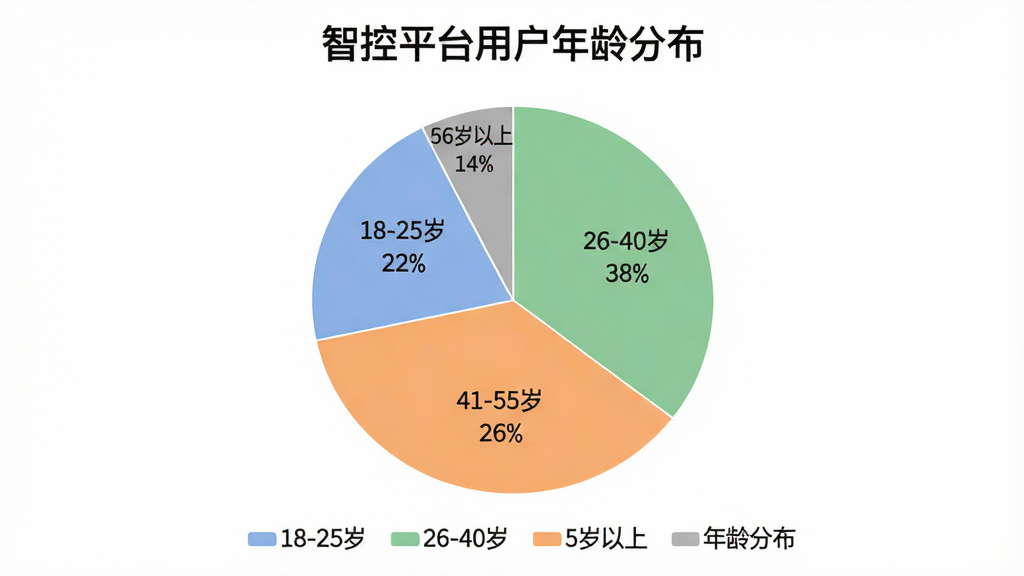 智控平台用户年龄分布饼状图,画面中央是一个圆形的饼状图,饼图分为四个扇区,分别标注“18-25岁 22%”“26-40岁 38%”“41-55岁 26%”“56岁以上 14%”,饼图配色柔和,以蓝色、绿色、橙色、灰色区分,背景为白色,图表下方有图例说明,整体风格简洁专业,画面干净无多余元素,高清画质,图表上方有“智控平台用户年龄分布”标题文字