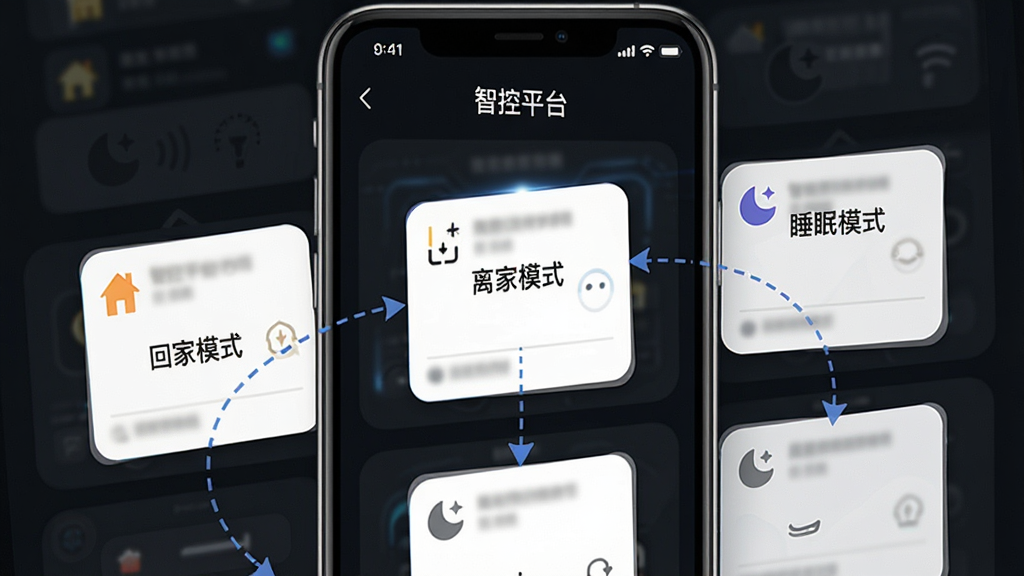 智控平台场景联动设置界面,画面展示手机屏幕内智控平台App的场景编辑页面,页面中有多个可视化卡片模块,卡片上写着“回家模式”“离家模式”“睡眠模式”等文字标签,卡片之间用虚线箭头连接表示触发关系,背景为深色模式界面,突出科技感和专业感,画面干净整洁,无多余装饰,高清画质,屏幕上方有“智控平台”字样