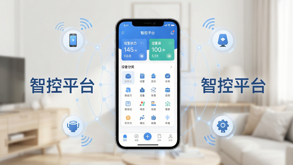 智控平台软件主界面全貌展示,画面中央是手机屏幕,屏幕内呈现智控平台App的清爽首页,顶部显示设备状态卡片,中部是设备分类图标网格,底部为导航栏,整体以蓝白配色为主,扁平化设计风格,画面干净整洁,无多余元素,高清画质,柔和光线,科技感与生活感融合,手机周围有淡淡的智能设备连接线条装饰,突出“智控平台”文字标识