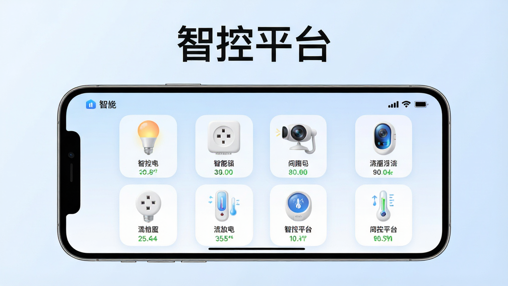 智控平台多设备统一管理界面,画面展示一部手机横屏放置,屏幕内呈现智控平台App的设备管理页面,页面中整齐排列着智能灯泡、智能插座、摄像头、温湿度传感器等设备图标,每个图标下方显示设备名称和实时状态,背景为淡蓝色渐变,界面风格简洁现代,图标圆润精致,画面干净无杂乱元素,高清画质,突出“智控平台”标题文字