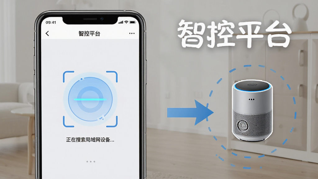 智控平台手机端添加设备操作流程截图,画面展示一部手机,屏幕内是智控平台App的设备扫描页面,页面中央有一个圆形扫描动画,下方有“正在搜索局域网设备...”的文字提示,背景为浅色界面,风格简洁明了,手机旁边有一个箭头指向一个智能音箱图标,表示连接过程,画面干净,高清画质,突出“智控平台”标题