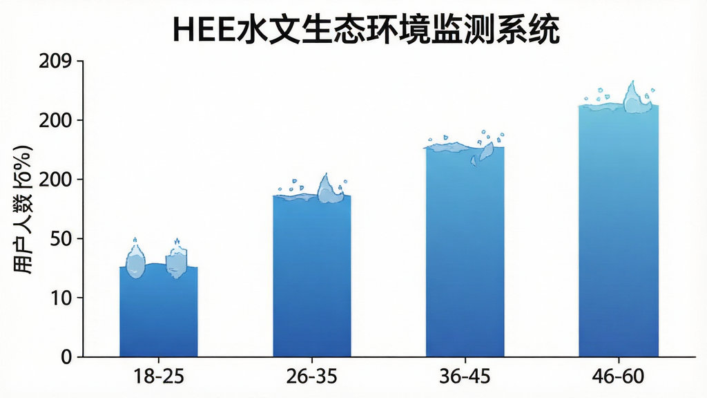 一张展示HEE水文生态环境监测系统不同年龄段用户人数占比的柱状图,横轴为年龄段18-25、26-35、36-45、46-60,纵轴为用户人数百分比,柱子颜色为蓝色渐变,背景干净白色,布局清晰,风格简洁数据可视化,细节清楚,画质干净,无多余元素,图片中文字标注“HEE水文生态环境监测系统”