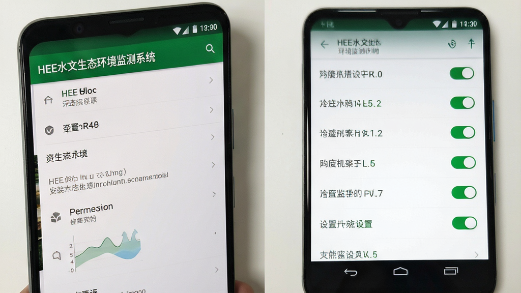 一张展示HEE水文生态环境监测系统在手机上安装和权限设置界面的图片,画面为安卓手机的设置页面和软件权限开关列表,布局清晰,风格简洁,灰白配色,细节干净,画质清晰,无多余元素,图片中文字标注“HEE水文生态环境监测系统”