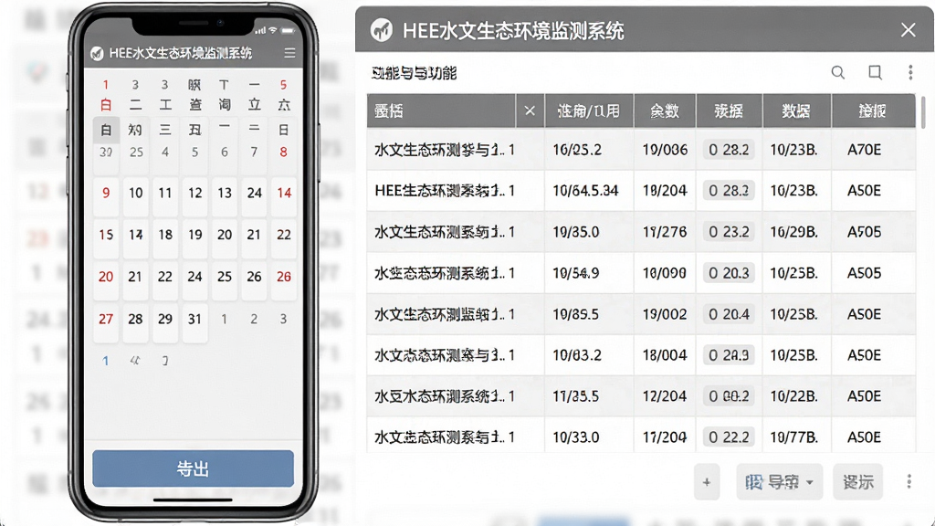 一张展示HEE水文生态环境监测系统历史数据查询与导出功能的图片,画面为手机屏幕上的日历筛选控件和数据表格,表格中有多行水文数据记录,底部有导出按钮,风格简洁商务,灰白配色,布局整齐,细节清晰,画质干净,无多余元素,图片中文字标注“HEE水文生态环境监测系统”