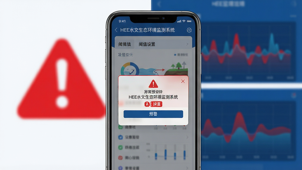 一张展示HEE水文生态环境监测系统异常预警功能的图片,主体为手机屏幕上的预警弹窗和阈值设置界面,背景有红色警示图标和波形图,风格现代扁平,红蓝配色对比明显,细节清晰,画质干净,无多余元素,图片中文字标注“HEE水文生态环境监测系统”