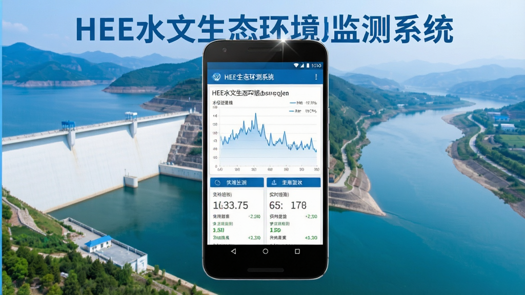 一张展示HEE水文生态环境监测系统核心全貌的图片,画面中央是一部安卓手机屏幕,屏幕上显示着水位过程线图表和实时监测数据面板,背景是简洁的水库与河流场景,整体风格清爽现代,主色调为蓝色和白色,细节清晰,画质干净,无多余元素,图片中文字标注“HEE水文生态环境监测系统”