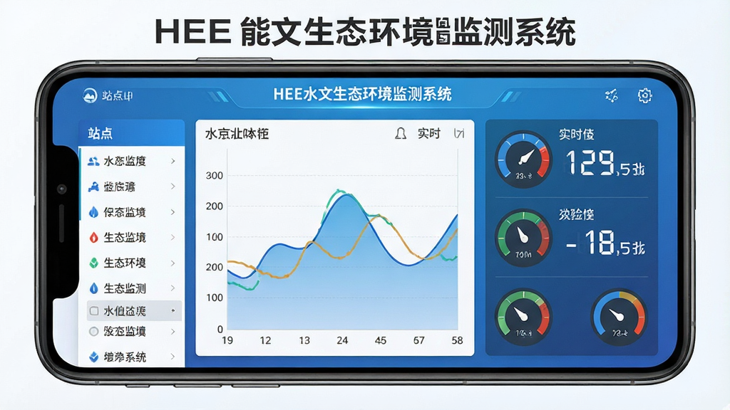 一张展示HEE水文生态环境监测系统实时数据监控功能的图片,主体为手机屏幕上的水位曲线图和数字仪表盘,布局清晰,左侧显示站点列表,右侧显示实时数值,风格为扁平化设计,蓝色渐变背景,细节精致,画质干净,无多余元素,图片中文字标注“HEE水文生态环境监测系统”