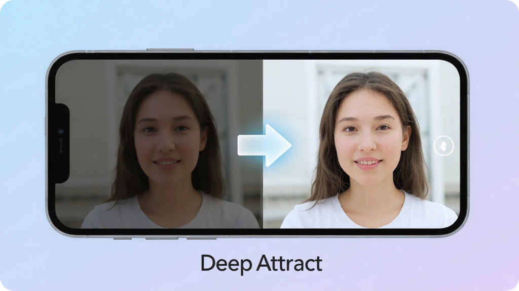 一张AI生成的示意图,画面中一部手机正在用Deep Attract处理照片,手机屏幕左边是原图偏黄偏暗,右边是处理后明亮通透的成片,中间有一个发光的箭头连接两边,背景是柔和的蓝紫色渐变,手机下方有