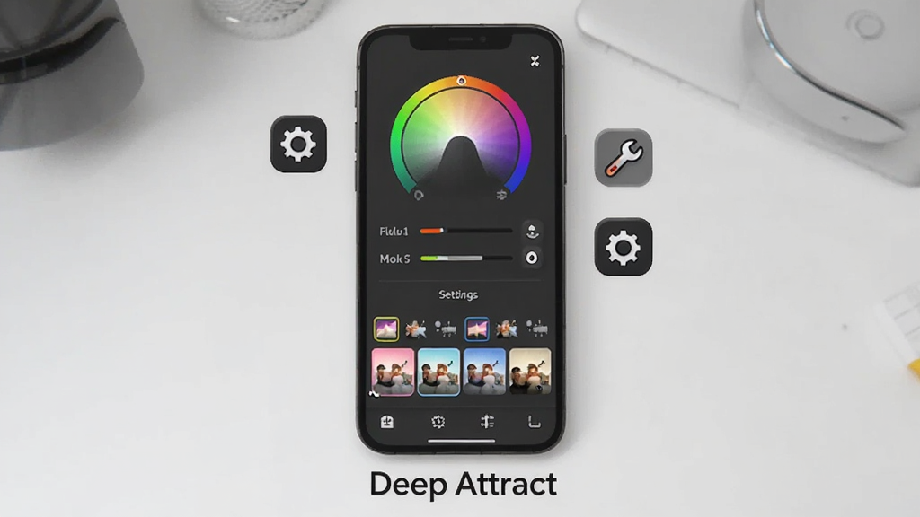 一张Deep Attract在手机上运行的界面示意图,画面中手机屏幕显示调色参数面板和滤镜栏,旁边有一些齿轮和扳手的小图标代表设置和维护,背景是浅灰色工作室桌面风格,手机下方有