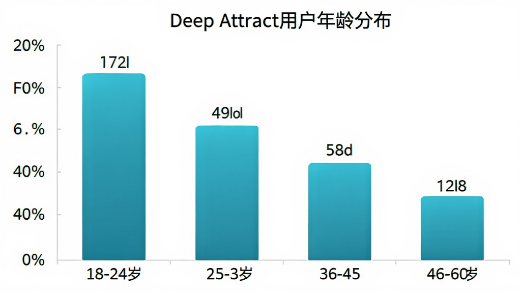 一张柱状图展示Deep Attract用户年龄分布,横轴是年龄段18-24岁、25-35岁、36-45岁、46-60岁,纵轴是用户占比百分比,柱状图颜色为青蓝色渐变,图表标题为