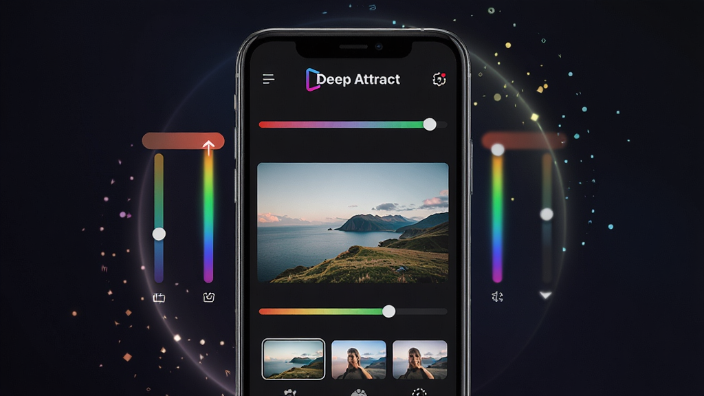一张手机屏幕展示Deep Attract软件主界面,界面中央是一张风景照片正在被调色,四周环绕着色彩滑块和滤镜缩略图,背景是深色渐变,顶部有Deep Attract的Logo文字,整体风格现代简洁,手机周围有一些光晕粒子特效,画质清晰干净,无多余元素