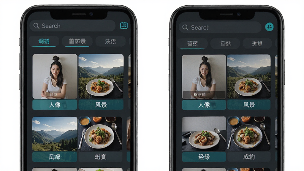 一张Deep Attract预设库界面的示意图,画面中手机屏幕上排列着多组调色前后的对比缩略图,每组缩略图下方有场景标签如人像、风景、美食等,界面顶部有搜索框和分类标签,配色以深灰和青色为主,整体布局整齐清晰,画质干净无多余元素