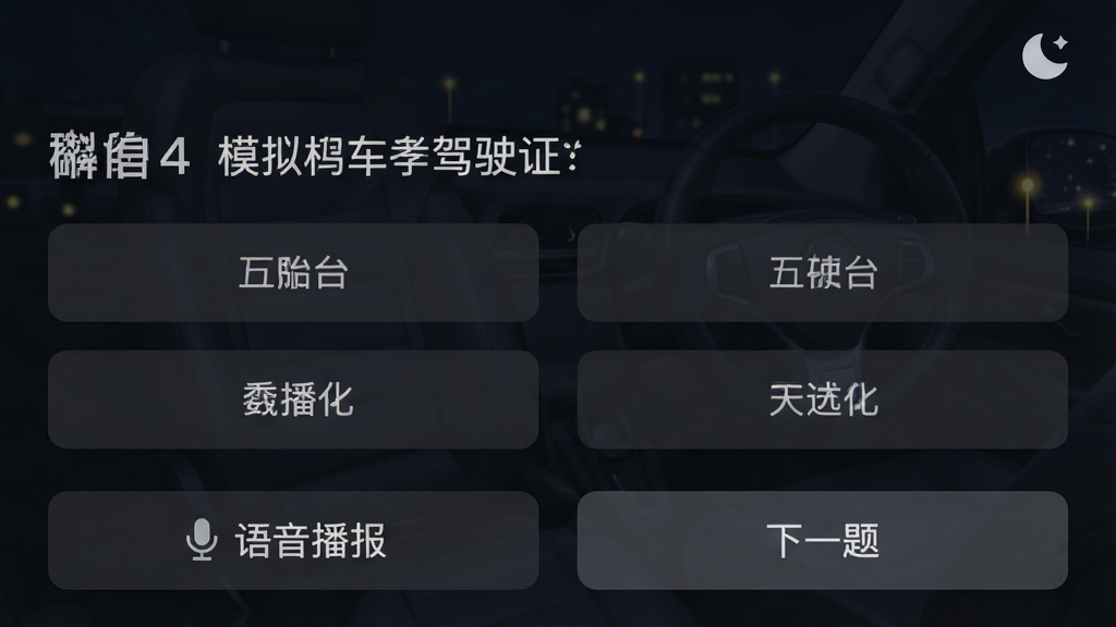 一张学车模拟-考驾驶证App的夜间模式界面,深色背景上显示科目四多选题,题目文字为白色,选项按钮为深灰色,底部有“语音播报”和“下一题”按钮,屏幕右上角有月亮图标表示夜间模式已开启,风格沉稳舒适,画质干净无多余元素