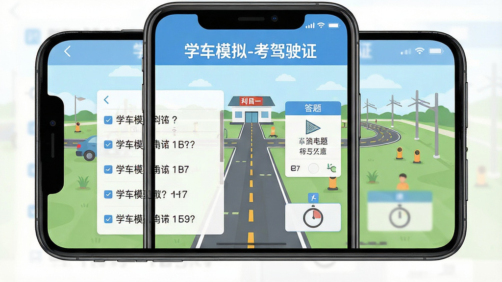 一张手机屏幕展示学车模拟-考驾驶证App的主界面,画面中央是科目一理论刷题页面,上方有“学车模拟-考驾驶证”文字标识,左侧是题目选项,右侧有答题卡和计时器,背景是驾校训练场和道路标线的简笔插画,风格清爽扁平,细节干净无多余元素,画质清晰明亮