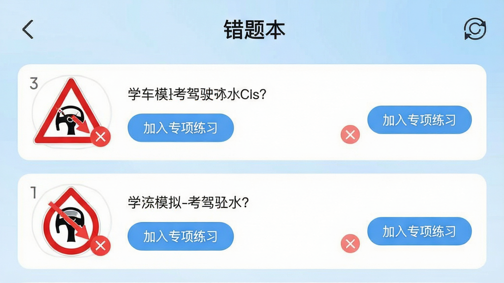 一张学车模拟-考驾驶证App的错题本界面截图,画面中显示“错题本”标题,下方列有多道交通标志识别题,每道题旁边有红色叉号标记和“加入专项练习”按钮,背景是浅蓝色渐变,风格简洁现代,排版整齐干净,画质清晰无多余元素
