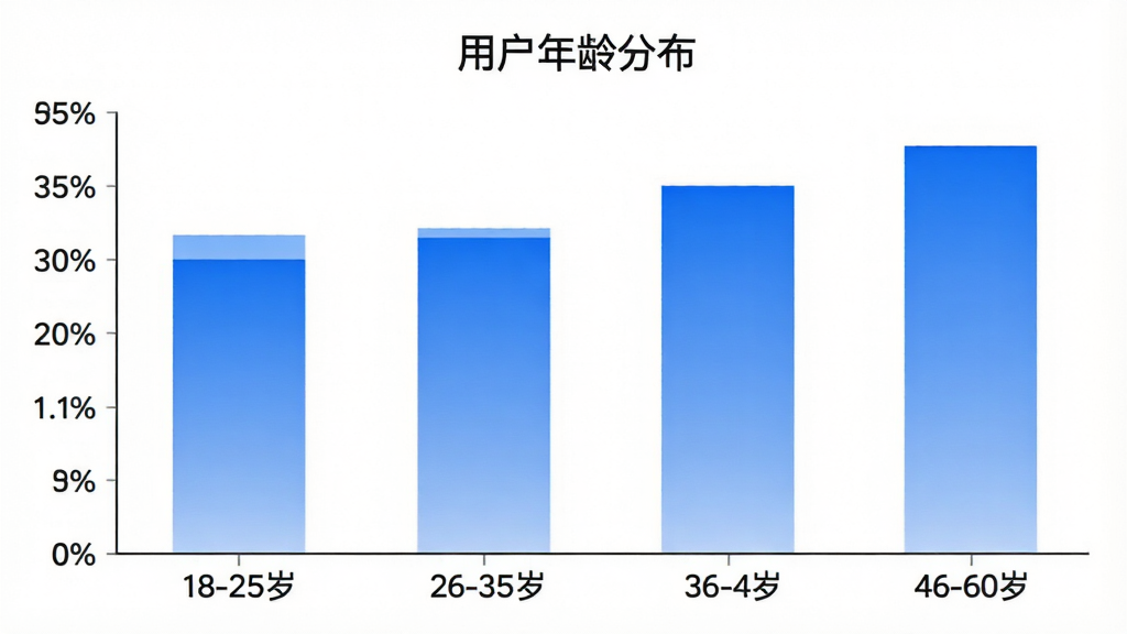 一张柱状图展示学车模拟-考驾驶证用户年龄分布,横轴标注18-25岁、26-35岁、36-45岁、46-60岁四个年龄段,纵轴显示人数占比,柱体颜色为蓝色渐变,图表标题为“用户年龄分布”,背景白色,风格简洁数据可视化,画质清晰无多余元素