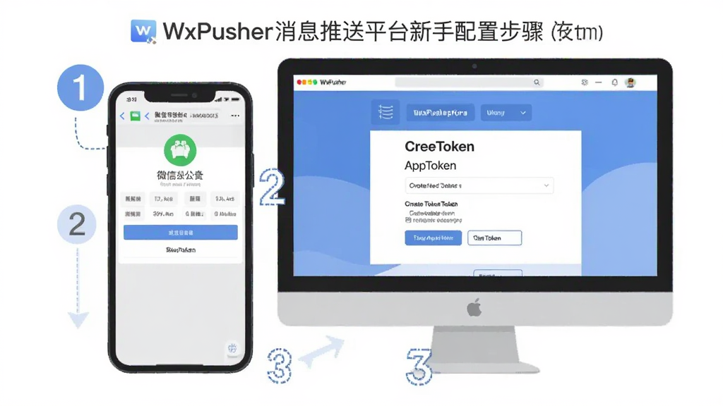 一张展示WxPusher消息推送平台新手配置步骤的图片,画面主体是一部手机和一台电脑并排摆放,手机屏幕显示微信公众号绑定界面,电脑屏幕显示创建应用获取AppToken的页面,布局采用左右并排排版,风格为扁平化教程插画,细节上用数字标注1、2、3步骤顺序,画质干净清晰,无多余元素