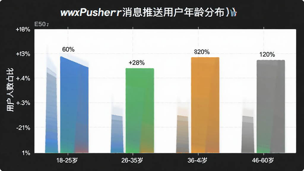 一张展示WxPusher消息推送平台用户年龄分布的柱状图,横轴为年龄段18-25岁、26-35岁、36-45岁、46-60岁,纵轴为用户人数占比,柱状图颜色分别为蓝色、绿色、橙色、灰色,布局为简洁图表排版,风格为现代数据可视化,细节上每个柱子顶部标注百分比数字,画质干净清晰,无多余装饰