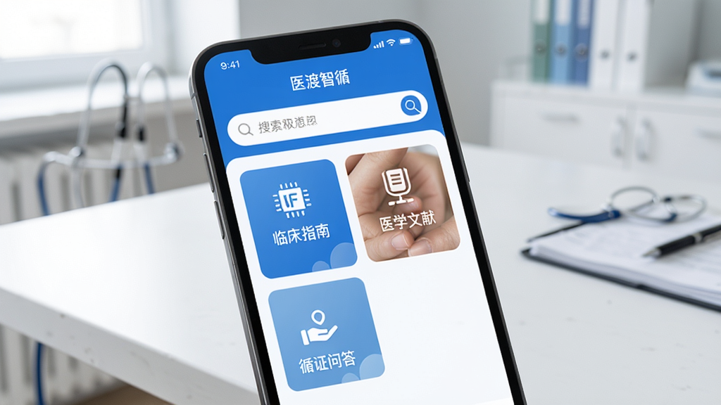 手机屏幕中显示“医渡智循”应用主界面,顶部搜索框醒目,下方排列着临床指南、医学文献、循证问答等功能卡片,整体配色以蓝白为主,风格简洁专业,背景是干净的诊室桌面,画质清晰,无多余元素