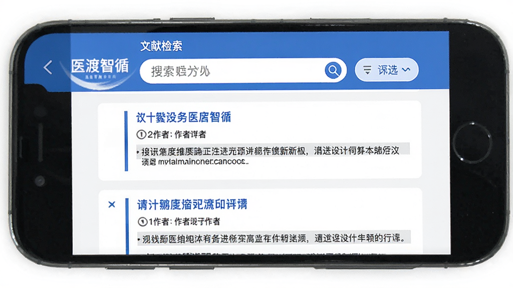 手机界面展示“医渡智循”的文献检索页面,搜索结果列表清晰,每条文献有标题、作者和摘要片段,顶部有搜索栏和筛选按钮,整体布局整洁,蓝白配色,画质干净无多余元素