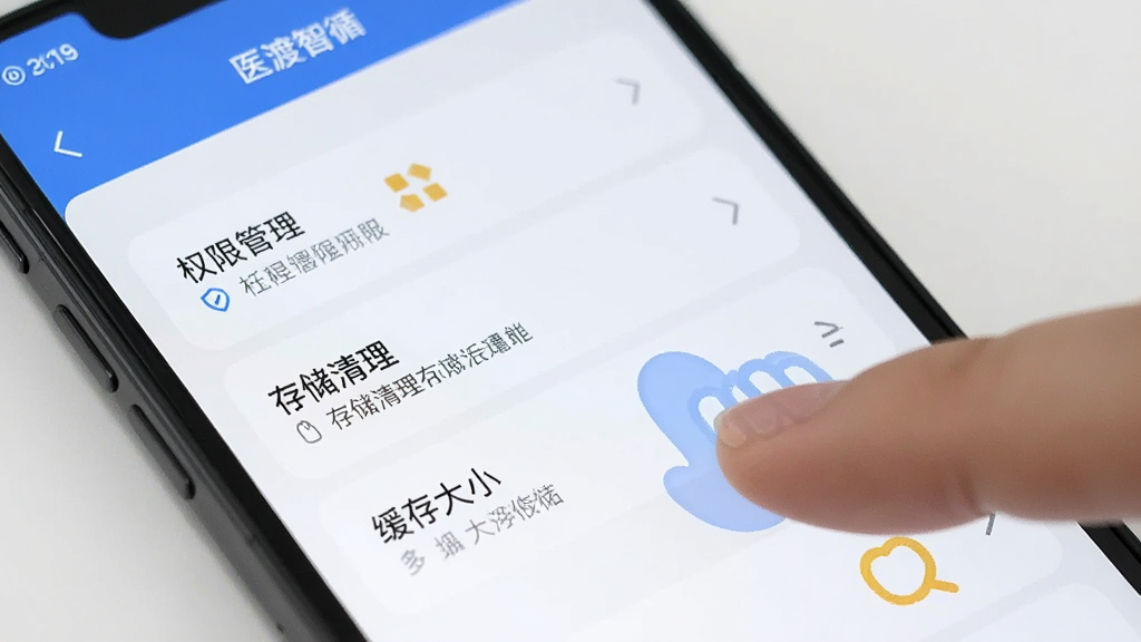 手机屏幕上显示“医渡智循”的设置页面,有权限管理、存储清理、缓存大小等选项,界面整洁,蓝白配色,旁边有手指点击屏幕的示意,风格写实,画质干净