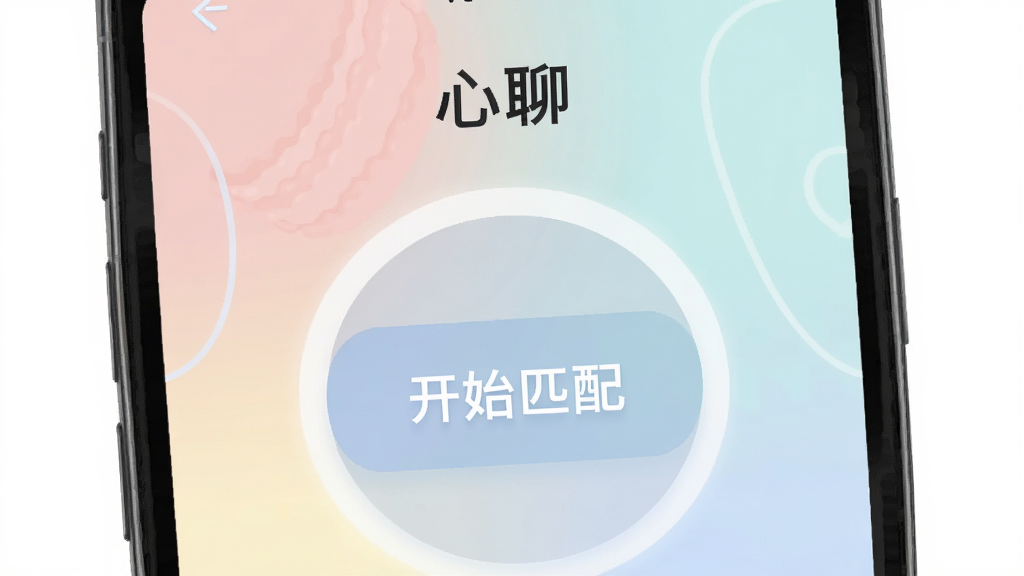 一个手机屏幕界面,显示“心聊”的匿名匹配界面,中间有一个大大的“开始匹配”按钮,背景是柔和的马卡龙色系,屏幕上方写着“心聊”,界面简洁,风格扁平化