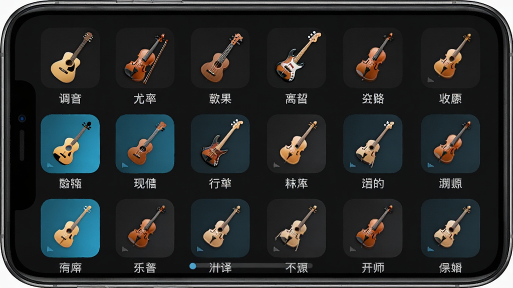 调音大师软件多乐器选择界面,手机屏幕显示各种乐器图标排列整齐,包括吉他、小提琴、尤克里里、贝斯、大提琴等,每个图标下方有中文标签,界面采用深色背景配亮色图标,风格现代简洁,画质干净无多余元素