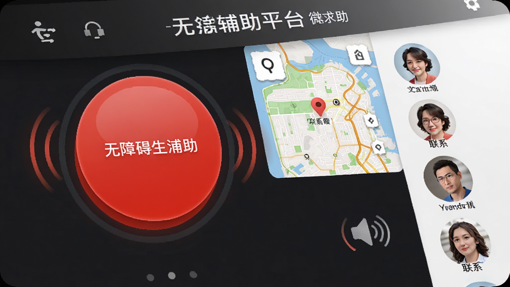 微光盲人无障碍生活辅助平台 一键求助界面 大按钮 红色醒目 位置地图缩略图 联系人头像列表 风格 安全警示 细节 震动波纹 语音提示图标 画质 高清 干净 无多余元素