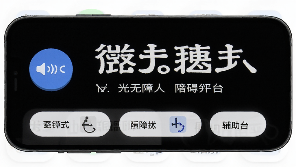 微光盲人无障碍生活辅助平台 主界面 布局 手机屏幕展示 语音播报图标 高对比度大字模式 风格 简洁无障碍设计 细节 圆润按钮 清晰文字标签 画质 高清 干净 无多余元素
