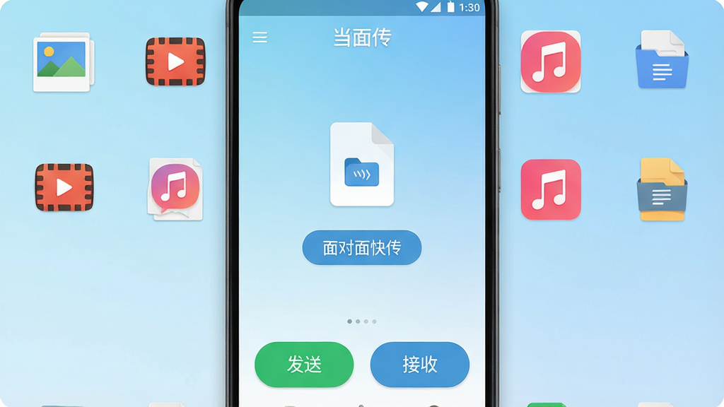一张展示当面传软件核心全貌的竖版手机界面截图,画面中央是一部安卓手机,屏幕显示当面传App主界面,顶部有“当面传”文字标识,中间是醒目的文件传输图标和“面对面快传”按钮,底部有发送和接收两个大按钮,周围环绕着照片、视频、音乐、文档等文件类型的小图标,背景是浅蓝色渐变,风格简洁现代,画质干净清晰,无多余元素