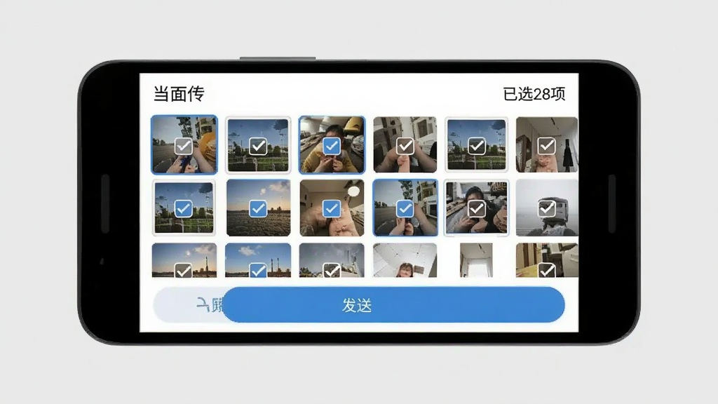 一张展示当面传批量传输功能的界面图,画面中一部安卓手机屏幕显示当面传的文件选择界面,相册里有很多照片被勾选,右上角显示“已选28项”,底部有一个醒目的“发送”按钮,屏幕上方有“当面传”文字标识,背景是浅灰色,风格简洁扁平,画质清晰,无多余元素