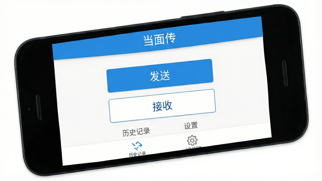 一张展示当面传简洁界面的图片,画面中一部安卓手机屏幕显示当面传App的主界面,顶部有“当面传”文字标识,中间是“发送”和“接收”两个大按钮,底部有“历史记录”和“设置”两个小图标,整个界面只有蓝白两种颜色,没有任何广告横幅或弹窗,背景是纯白色,风格极简,画质干净,无多余元素