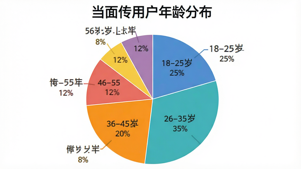 一张展示当面传用户年龄分布的饼状图,图表标题为“当面传用户年龄分布”,饼图分为五个扇区,分别标注18-25岁占比25%、26-35岁占比35%、36-45岁占比20%、46-55岁占比12%、56岁以上占比8%,每个扇区颜色不同,图表背景为白色,风格简洁数据可视化,画质清晰,无多余元素