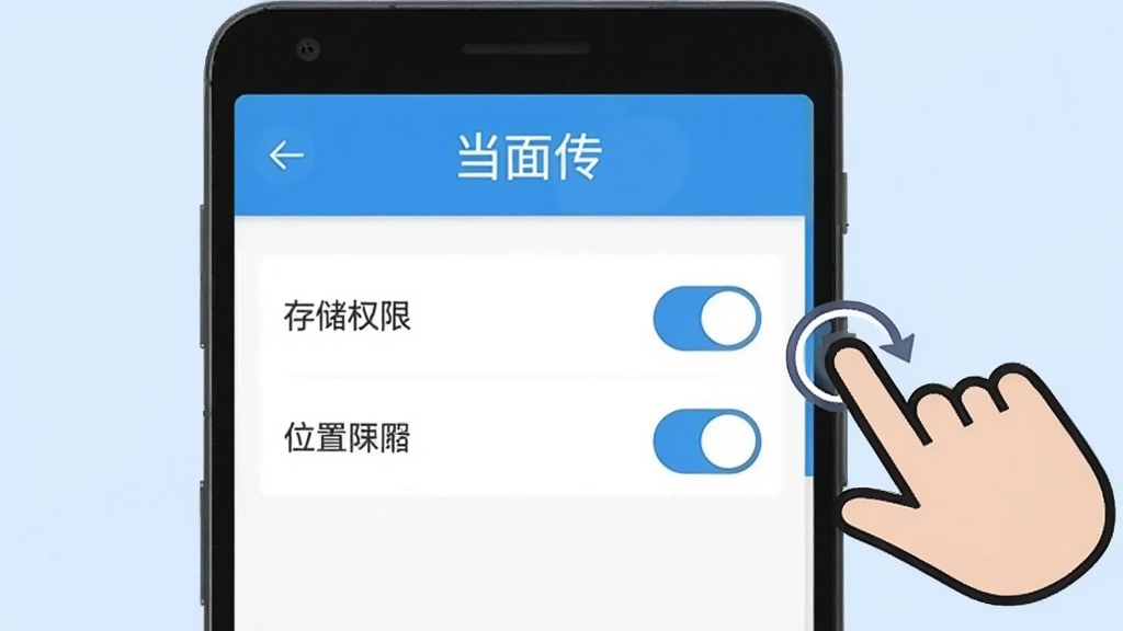 一张展示当面传新手操作步骤的示意图,画面中一部安卓手机屏幕显示当面传App的权限设置界面,有存储权限和位置权限两个开关,旁边有手指点击的图标,屏幕上方有“当面传”文字标识,背景是浅蓝色,风格简洁明了,画质清晰,无多余元素