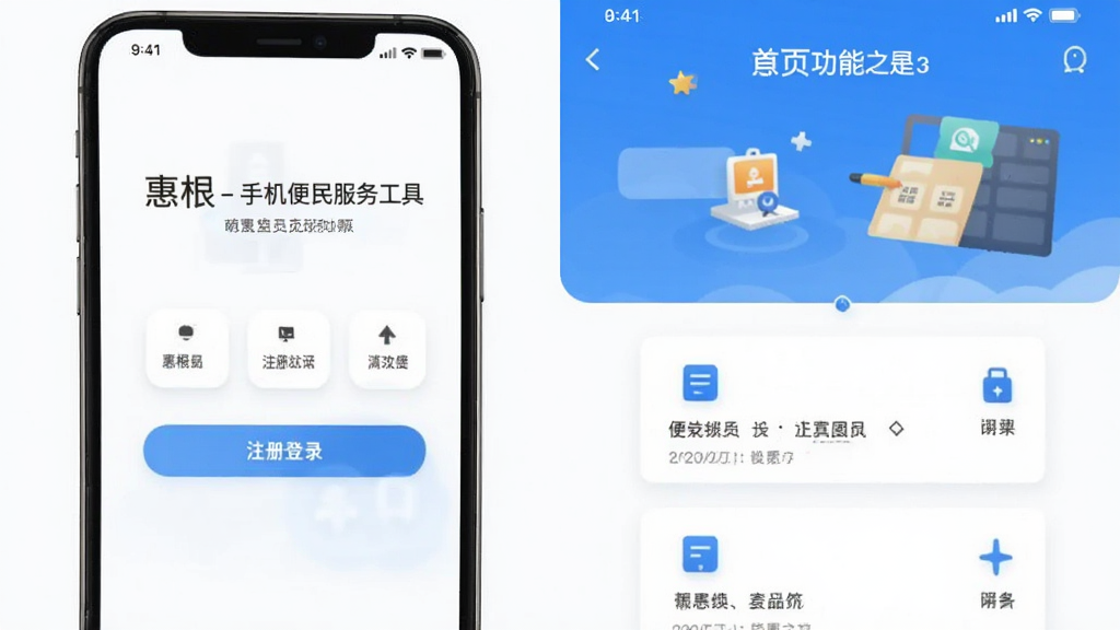 惠根-手机便民服务工具 注册登录界面和首页功能布局截图