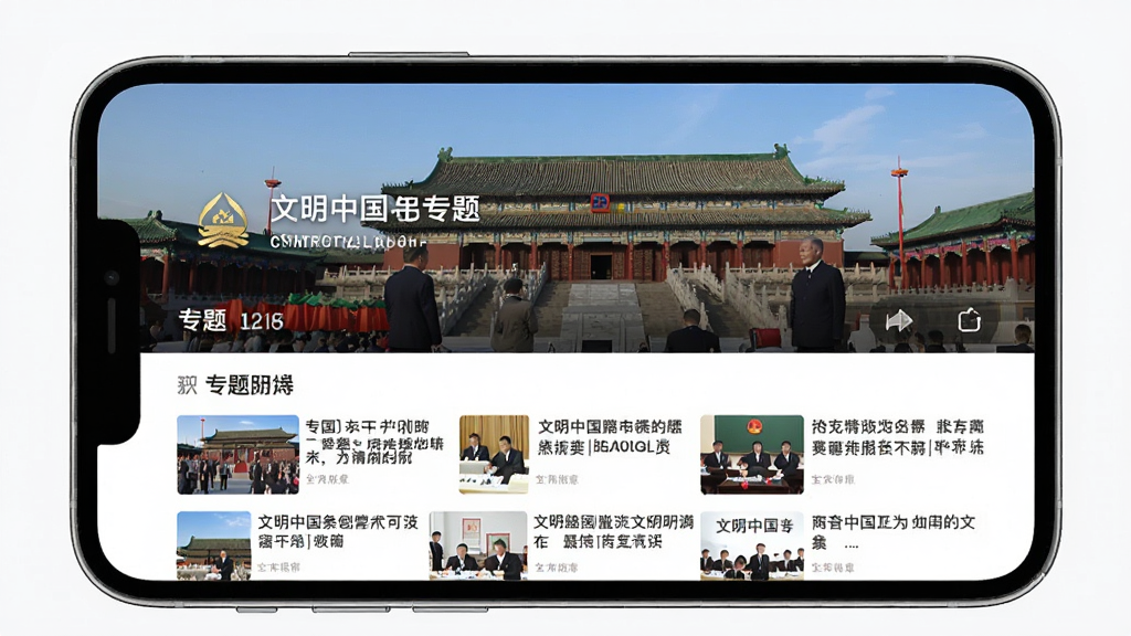 一张展示文明中国App专题页面的图片,画面中手机屏幕显示着一个专题聚合页,顶部是专题大图,下方是相关文章的列表,页面风格庄重,色彩搭配和谐,画质清晰干净,无多余元素