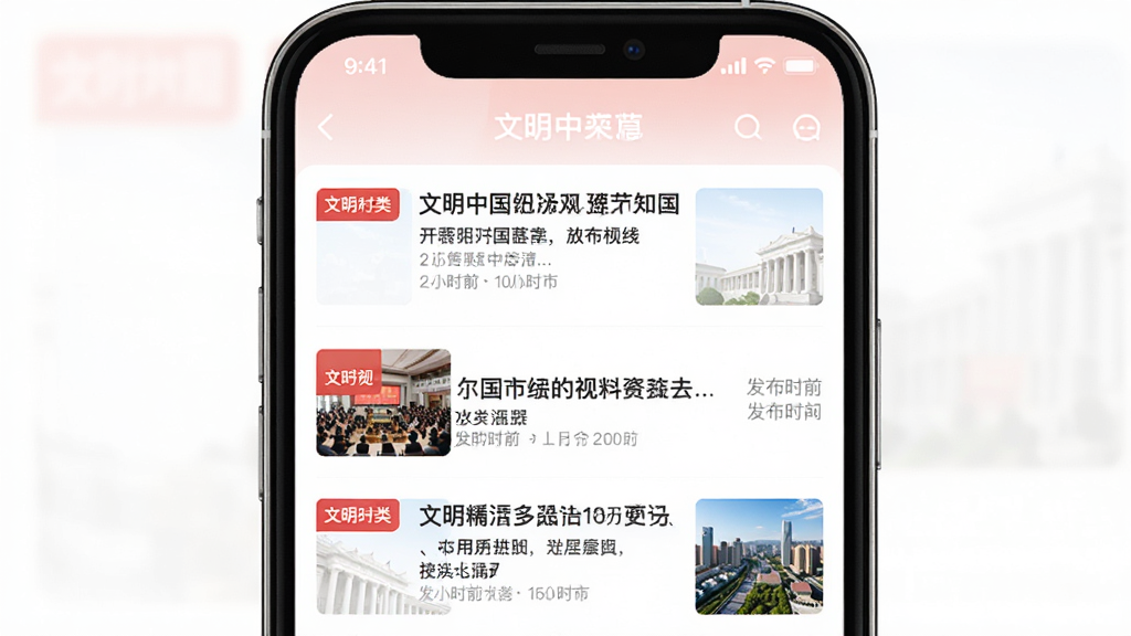 一张展示文明中国App资讯列表页面的图片,画面中手机屏幕显示着多条资讯标题和缩略图,每条资讯左侧有红色的小标签区分不同分类,右侧显示发布时间,整体布局清晰,风格现代,画质干净无多余元素